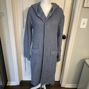 Onsen Hooded Waffle Robe in Denim Blue Small- Waffle Cotton Unisex- No Belt